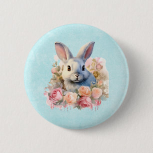 Badge Rond 5 Cm Lapin avec une guirlande de roses Mignon