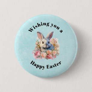 Badge Rond 5 Cm Lapin avec une guirlande de roses Pâques mignon