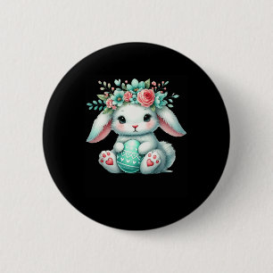 Badge Rond 5 Cm Lapin de Pâques avec couronne de fleurs Filles Fem