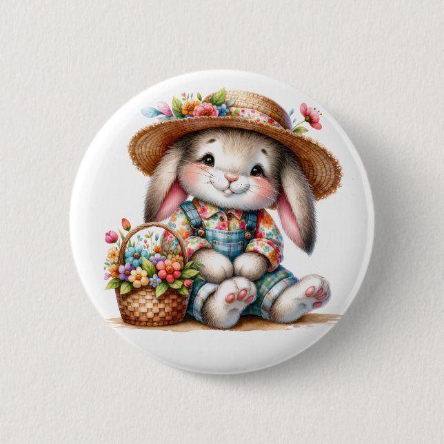 Badge Rond 5 Cm Lapin de Pâques avec des fleurs  (Devant)