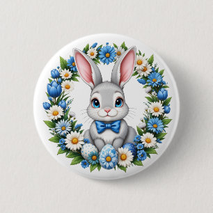 Badge Rond 5 Cm Lapin de Pâques avec des florales 