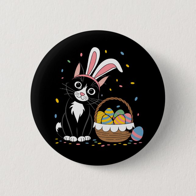 Badge Rond 5 Cm Lapin de Pâques Chat Noir Smoking Oreilles de Lapi (Devant)