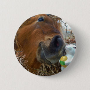 Badge Rond 5 Cm Lapin de Pâques et cheval Brown