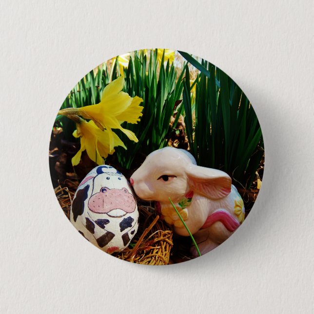 Badge Rond 5 Cm Lapin de Pâques et oeuf de vache (Devant)