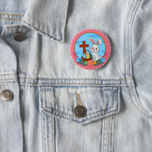 Badge Rond 5 Cm Lapin de Pâques religieux avec croix et œuf floral