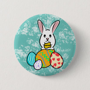 Badge Rond 5 Cm Lapin de Pâques tenant une bannière sur les oeufs 