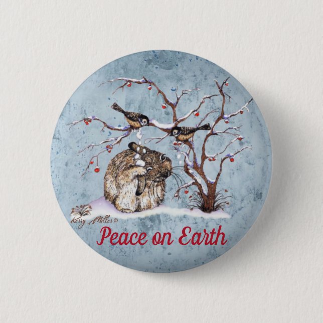 Badge Rond 5 Cm Lapin et Oiseaux de Neige (Devant)