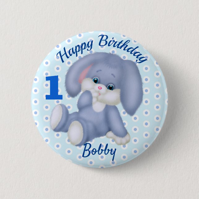 Badge Rond 5 Cm Lapin farci Doux Garçons 1er Anniversaire Nom Âge (Devant)