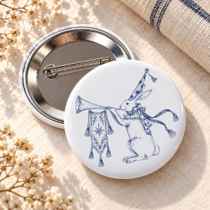 Badge Rond 5 Cm Lapin héraut bleu fantaisiste avec trompette