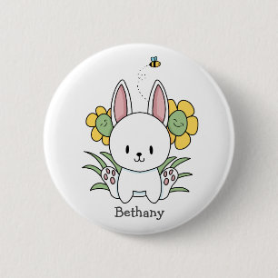 Badge Rond 5 Cm Lapin Lapin De Cartoon Avec Fleurs Amusantes