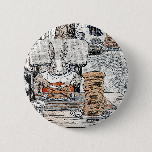 Badge Rond 5 Cm Lapin mangeant le petit déjeuner de crêpe (Devant)