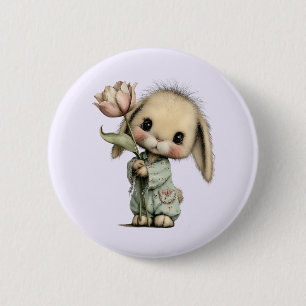 Badge Rond 5 Cm Lapin mignon tenant une Tulipe