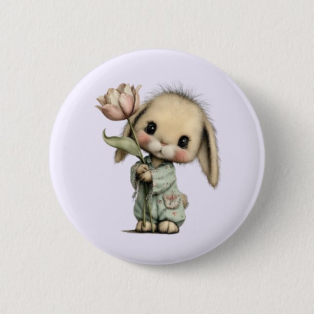 Badge Rond 5 Cm Lapin mignon tenant une Tulipe (Devant)