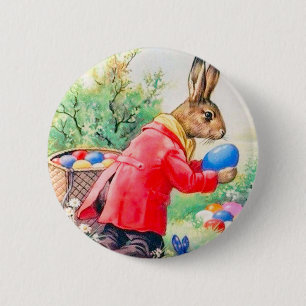 Badge Rond 5 Cm Lapin mignon vintage et oeufs colorés de Pâques