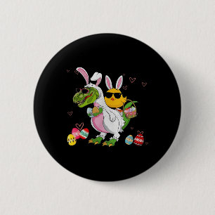 Badge Rond 5 Cm Lapin Poule à cheval sur un dinosaure T Rex Chasse