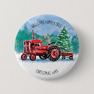 Badge Rond 5 Cm L'arbre de Noël vintage rouge de tracteur ajouten
