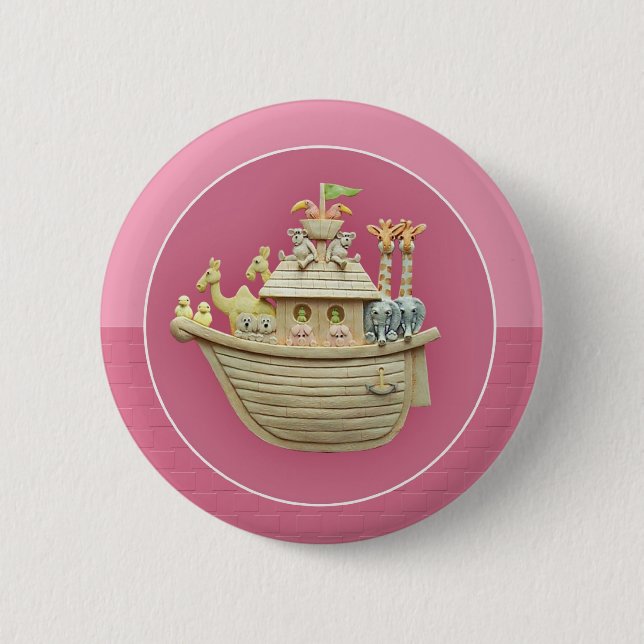 Badge Rond 5 Cm L'arche de Noé rose (Devant)