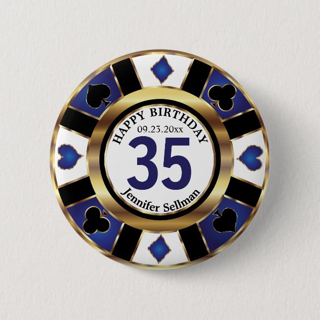 Badge Rond 5 Cm Las Vegas Joyeux anniversaire dans Dark Blue Poker (Devant)