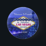 Badge Rond 5 Cm Las Vegas Mariage - Personnaliser<br><div class="desc">Fun wedding keepsake venin to commemorate your Las Vegas Wedding. Background is a striking view of Las Vegas city in blue to violet tones with text and famous sign announcing your recent nuptials dans le Nevada. Customize Bride and Groom name area and wedding date.</div>