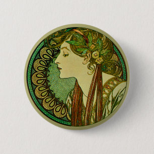 Badge Rond 5 Cm Laurel, Alphonse Mucha Art Vintage Nouveau