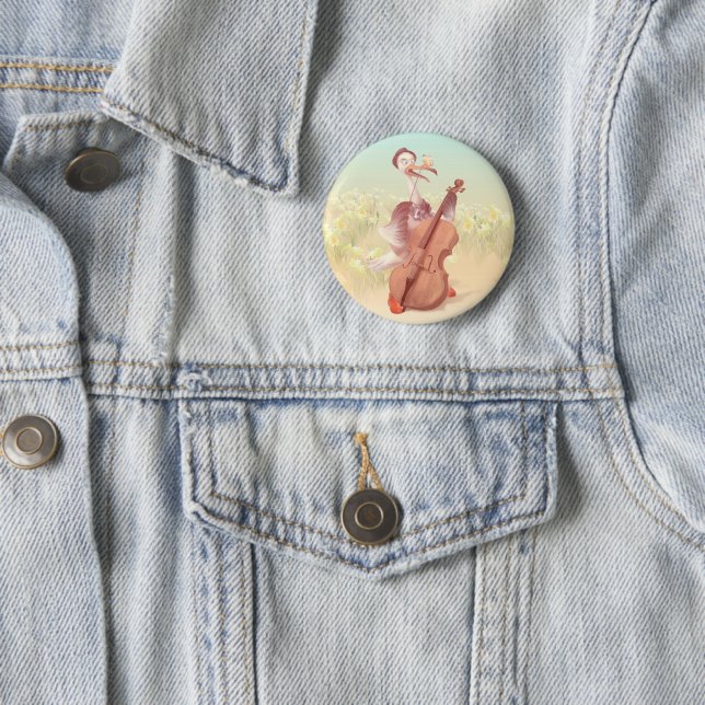 Badge Rond 5 Cm L'autruche jouant au violon (En situation)