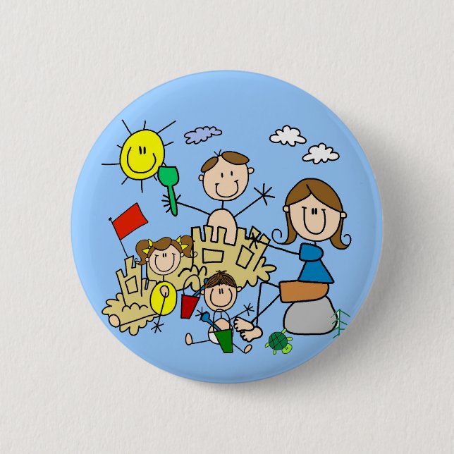 Badge Rond 5 Cm Le bâton figure l'amusement de plage de famille (Devant)