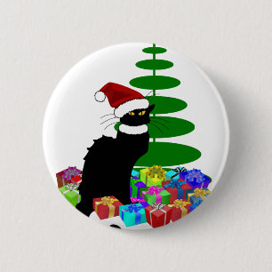 Badge Rond 5 Cm Le Chat Noir With Christmas Tree and Gifts
