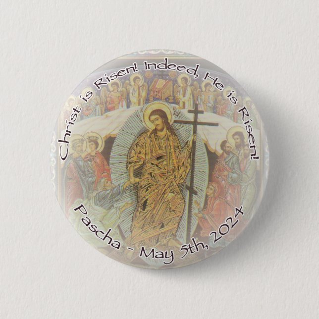 Badge Rond 5 Cm Le Christ chrétien orthodoxe est ressuscité ENG 2. (Devant)