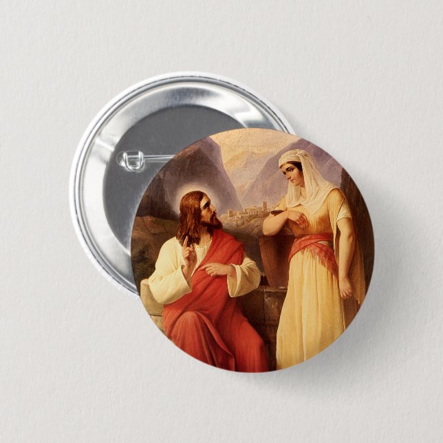 Badge Rond 5 Cm Le Christ et la Samaritaine par Christian Schleisn (Devant & derrière)