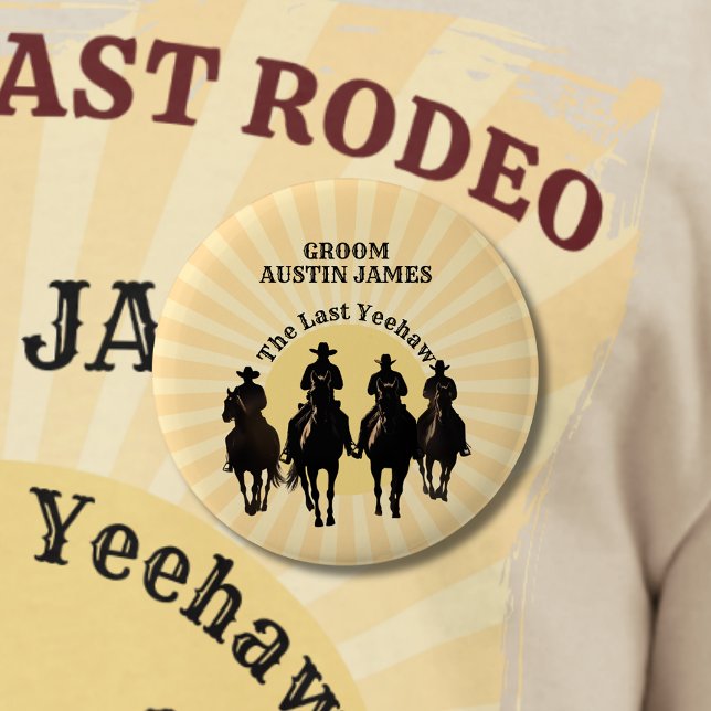 Badge Rond 5 Cm Le Dernier Cowboy Yeehaw Coucher de soleil Marié N (The Last Yeehaw Cowboy Sunset Groom Name Bachelor Button)