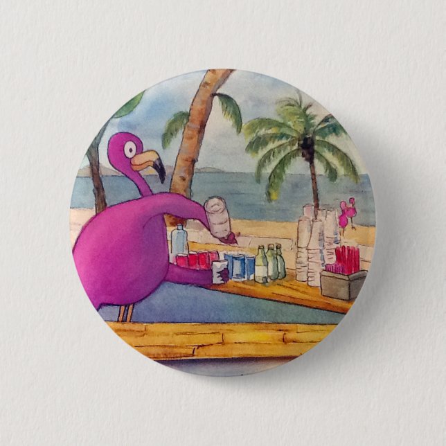 Badge Rond 5 Cm Le Flamant rose rose lunatique verse la plage de (Devant)