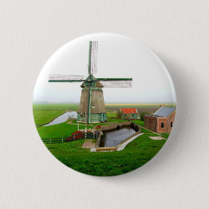 Badge Rond 5 Cm Le paysage pittoresque de Pays-Bas avec moulin à 