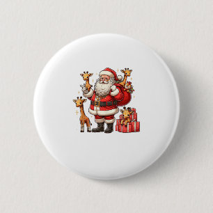 Badge Rond 5 Cm Le Père Noël américain tient une Girafe présente N