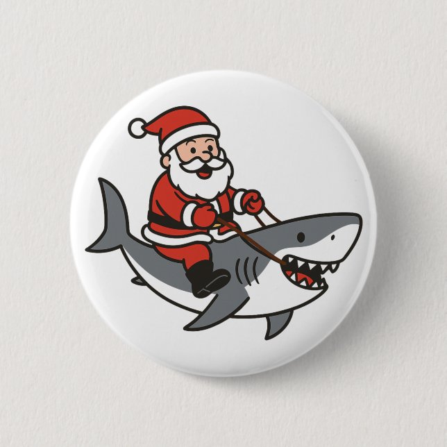 Badge Rond 5 Cm Le Père Noël mignon chevauchant un requin Noël drô (Devant)