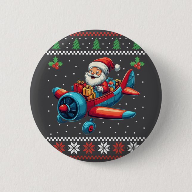 Badge Rond 5 Cm Le Père Noël Volant l'avion Vilain Sweat de Noël (Devant)