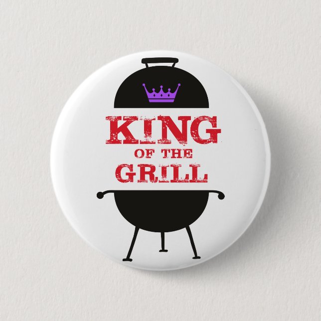 Badge Rond 5 Cm Le Roi Du Grill, Noir Violet Couronne Rouge (Devant)