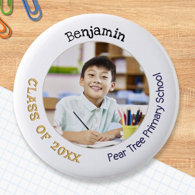 Badge Rond 5 Cm Leaver de l'école primaire - photo (A button for primary and elementary school leavers, with name, photo, class of (year) and school)