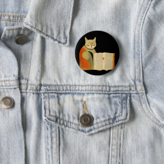 Badge Rond 5 Cm Lecture simple d'un livre par chat