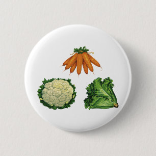 Badge Rond 5 Cm Légumes Anciens; Carottes, Chou-fleur, Laitue