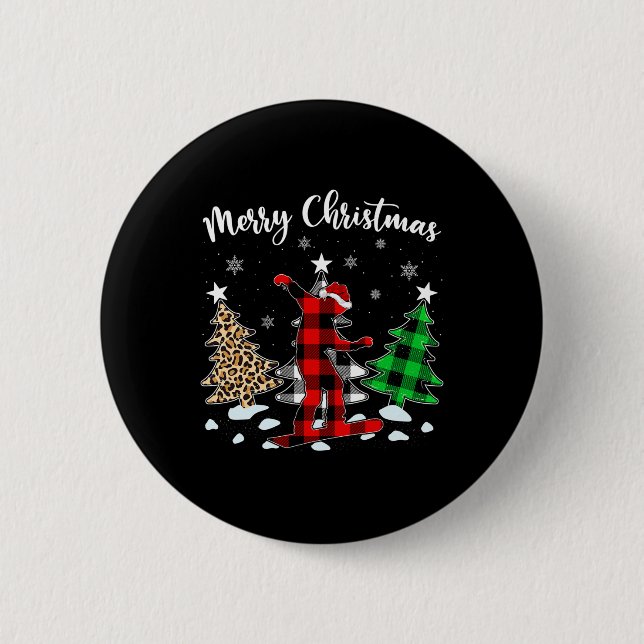 Badge Rond 5 Cm Leopard Buffalo Plaid Snowboard Player Christma (Devant)
