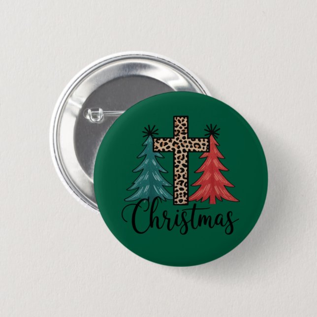 Badge Rond 5 Cm Léopard croix arbres de Noël chrétien  (Devant & derrière)