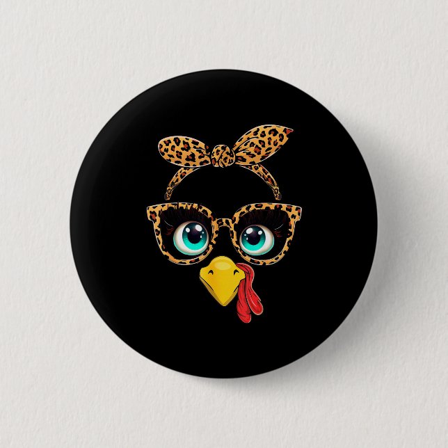 Badge Rond 5 Cm Leopard Print Thanksgiving Funny Turkey Face Gles  (Devant)