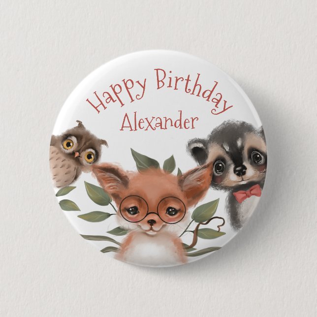 Badge Rond 5 Cm Les animaux des bois Joyeux anniversaire pour les  (Devant)