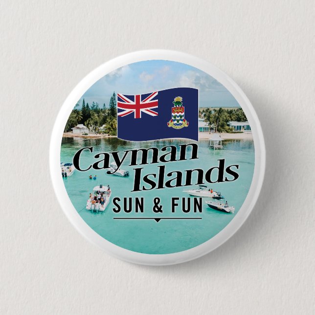Badge Rond 5 Cm "Les Îles Caïmans Soleil & Amusement" Avec Drapeau (Devant)