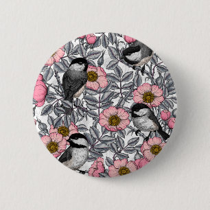 Badge Rond 5 Cm Les poulets dans la nature rose, rose et gris