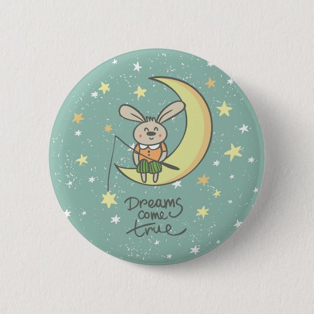 Badge Rond 5 Cm Les rêves deviennent réalité | Lapin sur la Lune (Devant)