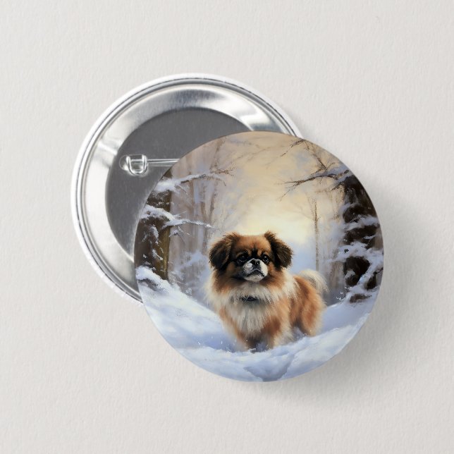 Badge Rond 5 Cm L'Espagnol Tibétain Laissons Il Neige Noël (Devant & derrière)