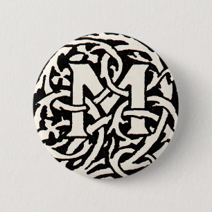 Badge Rond 5 Cm Lettre Art Nouveau M Monogramme Vintage