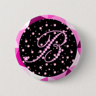 Badge Rond 5 Cm Lettre B Diamants Monogramme Motif diamant rose