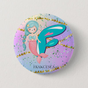 Badge Rond 5 Cm Lettre F Monogramme Aquarelle mignonne Sirène